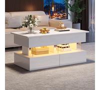 Mesa Auxiliar elevable Decon Tablero Regulable en Altura y almacenaje Oculto, Acabado Brillante con iluminación LED, 2 cajones, Blanca, MDF + acrílico 100 x 50 x 46 cm