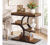 Mesa auxiliar estrecha con 4 compartimentos de almacenamiento, mesa de noche rectangular de estilo industrial con estructura metálica, ideal para sofás y salones pequeños