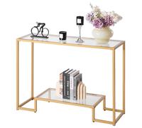 Mesa auxiliar moderna de dos niveles, rectangular (107 x 35,4 x 75,5 cm), con superficie de vidrio templado, ideal como mesa auxiliar para sofás, con sistema antideslizante, perfecta para salones, pas