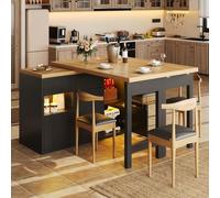 Mesa auxiliar negra oquis, con tablero giratorio de 360°, estantes ajustables, isla de cocina con 4 cajones y luces LED, ideal para la cocina o el comedor