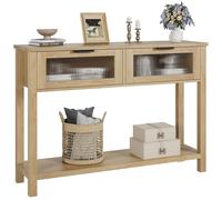 Mesa auxiliar pequeña con puertas de cristal y espacio de almacenamiento. Mesa auxiliar negra para recibidor o salón, fabricada en MDF y con cajones