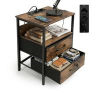 Mesa Auxiliar Relaxdays con Enchufe y Puertos USB, 2 cajones, 60 x 40 x 30 cm, mesita de Noche, marrón/Negro