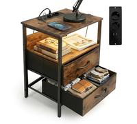 Mesa Auxiliar Relaxdays con LED, enchufes y Puertos USB, 2 cajones, (60 x 40 x 30 cm), mesita de Noche, marrón/Negro