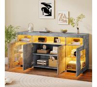 Mesa auxiliar Sweiko de 140x40x70 cm, color cemento, para sala de estar. Mueble lateral de alta brillo con luz LED, aparador ancho, mueble lateral de vidrio templado con 3 compartimentos