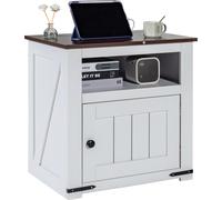 Mesa auxiliar VEVOR de estilo rústico, mesa de noche cuadrada con puertos USB y enchufes, mesa auxiliar de 3 niveles con armario de almacenamiento