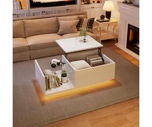 Mesa baja elevable con iluminación LED, mesa de salón con cristal estante y espacio de almacenamiento abierto, 100 x 50 x 33 cm, mesas bajas extensible 3 en 1 con bandeja elevadora y almacenamiento