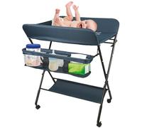 Mesa cambiador 3 en 1 multifunción para bebé, plegable y ultra estable con ruedas, altura ajustable, equipada con correas de seguridad y una gran cesta de almacenamiento, carga máxima 14 kg (azul