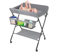 Mesa cambiador 3 en 1 multifunción para bebé, plegable y ultra estable con ruedas, altura ajustable, equipada con correas de seguridad y una gran cesta de almacenamiento, carga máxima 14 kg (gris)