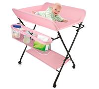 Mesa cambiador 3 en 1 multifunción para bebé, plegable y ultra estable con ruedas, altura ajustable, equipada con correas de seguridad y una gran cesta de almacenamiento, carga máxima 14 kg (rosa)
