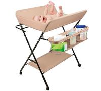 Mesa cambiador 3 en 1 multifunción para bebé, plegable y ultra estable con ruedas, altura ajustable, equipada con correas de seguridad y una gran cesta de almacenamiento, carga máxima 14 kg (rosa