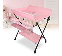 Mesa cambiador plegable y portátil con bolsa de almacenamiento y pañal inferior, mesa de cuidado del bebé con cinturón de seguridad, cuidado para recién nacidos (80 x 66 x 98 cm), color rosa