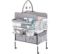 Mesa cambiadora VEVOR plegable, estación de cambio con 2 cajones para pañales, cesta lateral y barra para colgar ropa. Combinación portátil y ajustable en altura, con ruedas fijas y 2 juguetes colgant