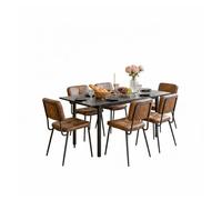 Mesa comedor negra rectangular con 6 sillas tapizadas suede marrón cognac asiento acolchado patas metálicas estilo industrial moderno