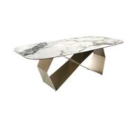Mesa comedor rectangular de diseño moderno con tapa fija de mármol porcelánico blanco con vetas grises y doradas en acabado brillo. sus originales patas de acero inoxidable pintado en color champagne