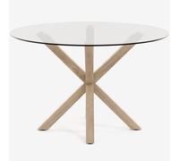 Mesa Comedor Redonda de 119 cm de diámetro con Patas de Acero Efecto Madera y Cristal Templado - HOGARDECORA