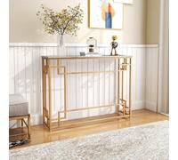 Mesa consola con estructura de metal geométrica y encimera de mármol, mesa de entrada estrecha, color dorado