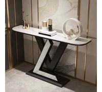 Mesa consola contemporánea de media luna, superficie de piedra sinterizada efecto mármol, marco metálico, mesa auxiliar estrecha para salón, pasillo, vestíbulo y entrada.(Black,120x30cm/47.2x11.8in)