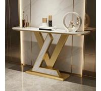 Mesa consola contemporánea de media luna, superficie de piedra sinterizada efecto mármol, marco metálico, mesa auxiliar estrecha para salón, pasillo, vestíbulo y entrada.(White,100x30cm/39.4x11.8in)