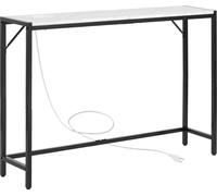 Mesa consola de mármol, diseño moderno, estrecha y alargada, con toma de corriente