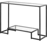 Mesa consola de vidrio de dos niveles, rectangular, para colocar al lado del sofá, con sistema antirrobo en color negro