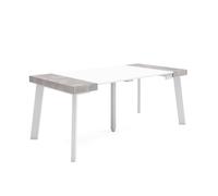 Mesa consola extensible, mesa comedor plegable, 180x90x73cm, para 8 comensales, patas de madera, estilo moderno, blanco y cemento