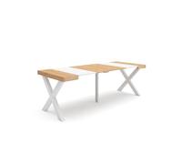 Mesa consola extensible, mesa comedor plegable, 222x90x73cm, para 10 comensales, patas madera maciza, estilo moderno, roble y blanco