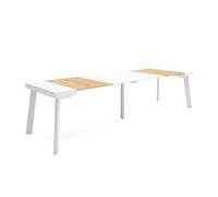 Mesa consola extensible, mesa comedor plegable, 302x90x73cm, para 14 comensales, patas de madera, estilo moderno, roble y blanco