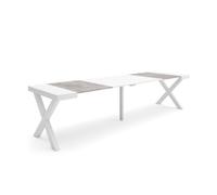 Mesa consola extensible, mesa comedor plegable, 302x90x73cm, para 14 comensales, patas madera maciza, estilo moderno, blanco y cemento