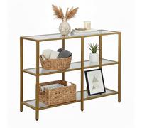 Mesa Consola Relaxdays, (73 x 100 x 30 cm), Metal, Cristal, Consola Estrecha para el Pasillo con 3 estantes, Dorada.