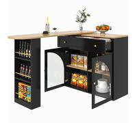Mesa de bar extensible con almacenamiento, barra giratoria 360° con estantería lateral de tres niveles y puertas de vidrio de seguridad, 138-204x39x104 cm, Negro