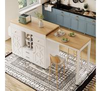 Mesa de bar extensible con organizador giratorio de 360°, carrito de servicio de cocina con bandeja extraíble y estantes ajustables, armario de cocina con soporte para toallas y ruedas, color blanco