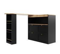 Mesa de bar giratoria 360°, mueble modular en L con 4 cajones y estantes abiertos, para comedor, salón, 138-204x39x104 cm, Negro
