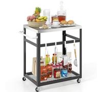 Mesa de barbacoa al aire libre, carrito de servir con 2 estantes, 4 ruedas, asa y 4 ganchos, mesa auxiliar para pizza, carrito de barbacoa para patio trasero, jardín, terraza (2 estantes), color negro