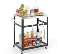 Mesa de barbacoa al aire libre, carro de barbacoa con 2 estantes, 4 ruedas, asa y 4 ganchos, mesa auxiliar para pizza, carrito de servicio para patio trasero, jardín, terraza (2 estantes), color negro