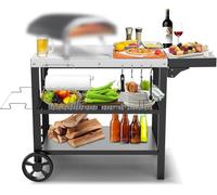 Mesa de barbacoa de acero inoxidable, carro de barbacoa con 3 niveles, soporte para horno de pizza, mesa de barbacoa para exteriores, carro de trabajo con 4 ganchos, carro de servicio para exteriores,