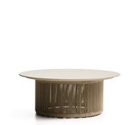 Mesa de centro de exterior Orosei en piedra sinterizada, aluminio color crudo y cuerda beige, Ø 90 cm