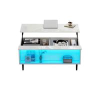 Mesa de centro elevable 105x50x43 cm - con led, almacenamiento oculto, vidrio templado - blanco