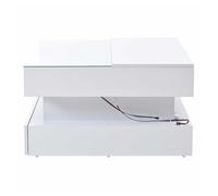 Mesa de centro elevable 80x80x45 cm - con almacenamiento oculto, 2 cajones, led, vidrio templado - blanco