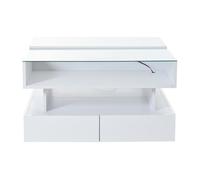 Mesa de centro elevable 80x80x45 cm - con almacenamiento oculto, 2 cajones, led, vidrio templado - blanco