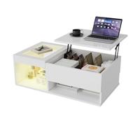 Mesa de centro elevable blanca alto brillo con LED, tablero de vidrio, almacenamiento oculto y elevación hidráulica para salón moderno