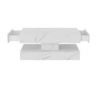 Mesa de centro elevable blanco alto brillo efecto mármol con almacenamiento, LED, cajón oculto y diseño multifuncional para salón moderno