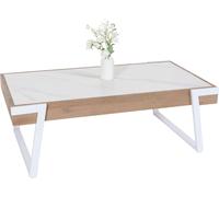 Mesa de centro HWC-L89, mesa auxiliar para sofá, mesa de sala de estar, hierro, 43x120x64 cm, superficie de sinterizado con aspecto de mármol, color blanco, patas de madera natural