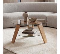 Mesa de centro MCA HWC-P59, mesa auxiliar, mesa de café, mesa de sala de estar, madera maciza con tablero de vidrio redondo de 75 cm de diámetro, roble