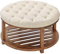 Mesa de centro otomana redonda grande, de 81 cm, con superficie acolchada y estante de almacenamiento de madera maciza. Reposapiés otomana tapizada en lino, ideal para dormitorios y salones, con capac