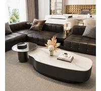 Mesa De Centro Ovalada De Mármol Con Cajón De Almacenamiento, Mesas De Centro De Piedra Sinterizada De Forma Irregular, Conjunto Con Mesa Auxiliar De Vidrio Templado For Pa White 120+60cm/47.2+23.6in