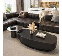 Mesa De Centro Ovalada De Mármol Con Cajón De Almacenamiento, Mesas De Centro De Piedra Sinterizada De Forma Irregular, Conjunto Con Mesa Auxiliar De Vidrio Templado For Pa Black 120+60cm/47.2+23.6in