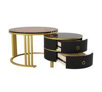 Mesa de Centro Redonda Mesita 2 en 1 en MDF con Tapa de Vidrio Templado Marrón Combinación de Mesa con 2 Cajones Negro Aosom España