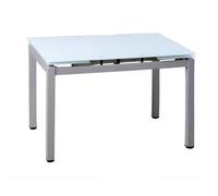 Mesa de cocina extensible Mod 70. Dos extensibles laterales y la tapa de cristal templado de color blanco.