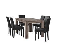 Mesa de comedor + 6 sillas forssa mdf y polipiel 140x90x77cm - roble antiguo + negro [en.casa]