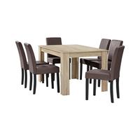 Mesa de comedor + 6 sillas forssa mdf y polipiel 140x90x77cm - roble claro + marrón [en.casa]